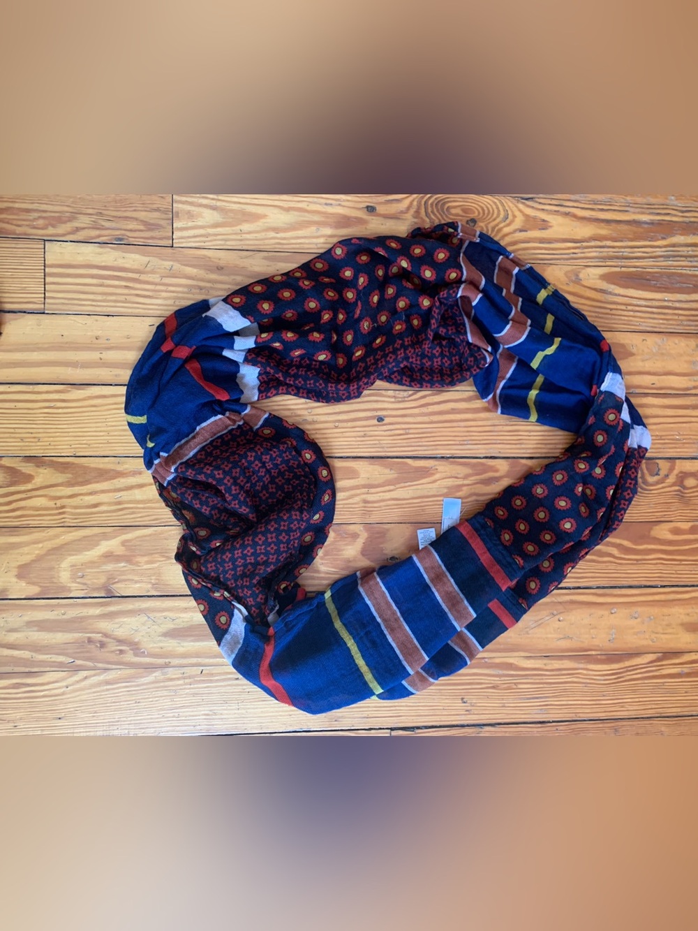 LOFT Navy and Brown Patterned Infinity Scarf with Red and Yellow Accents